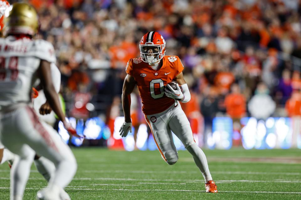 Oct 8, 2022; Chestnut Hill, Massachusetts, USA; Clemson Tigers wide receiver Antonio Williams (0) runs against the Boston College Eagles during the second quarter at Alumni Stadium. Mandatory Credit: Winslow Townson-USA TODAY Sports