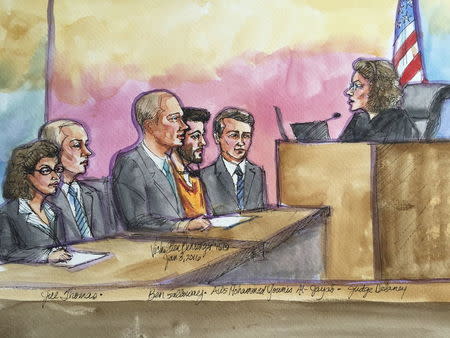 Aws Mohammed Younis al-Jayab (4th from L) is shown in this courtroom sketch with his legal team appearing in federal court in Sacramento, California January 8, 2016. REUTERS/Vicki Behringer