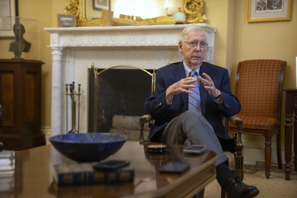 Senate Minority Leader Mitch McConnell of Ky., speaks during an interview with the Associated Press at his office in the Capitol, Monday, Nov. 6, 2023 in Washington. (AP Photo/Mark Schiefelbein)