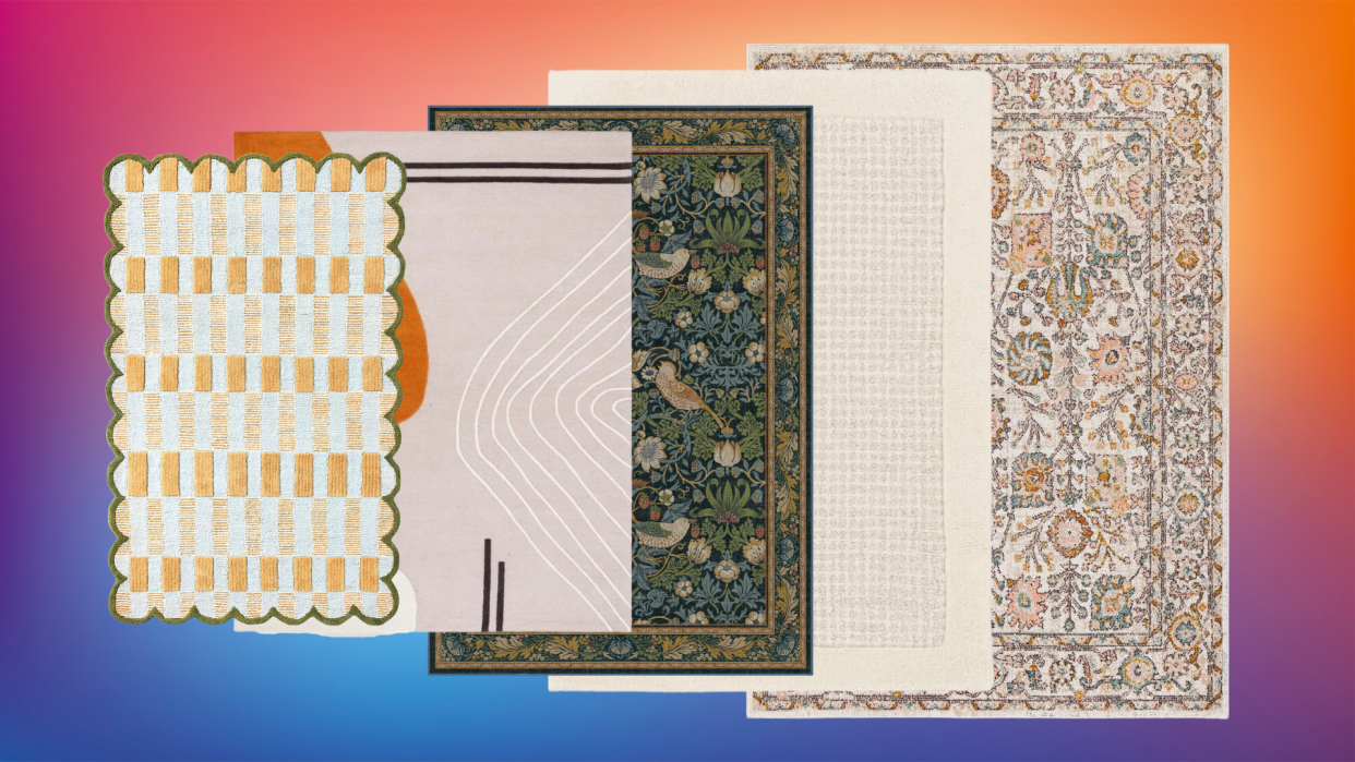  A collage of various rugs on a colorful background. 