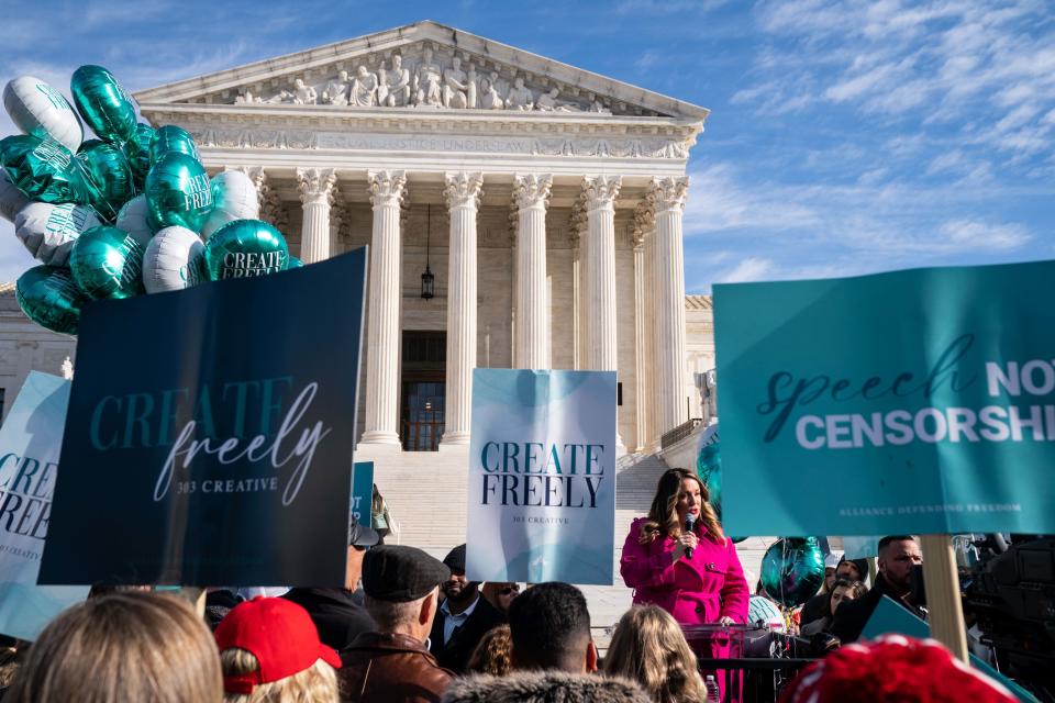Christian graphic artist and website designer Lorie Smith speaks to supporters outside the Supreme Court (Kent Nishimura / Los Angeles Times via Getty Images)