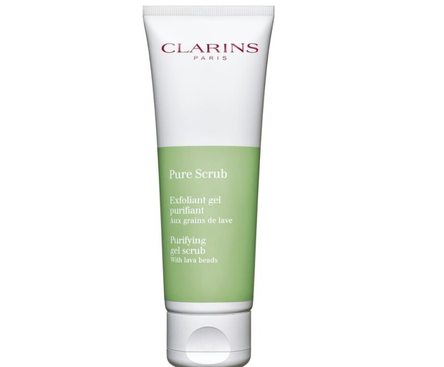 Clarins Pure Scrub comes in a green packaging.