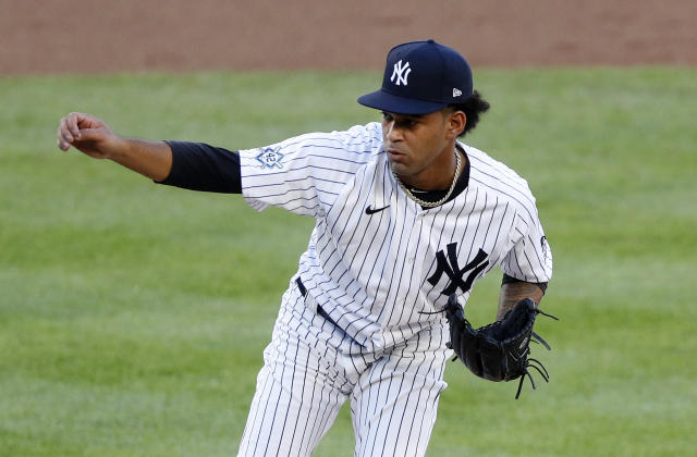 New York Yankees pitcher Deivi Garcia (83) during a spring training  baseball game against the Atlanta Braves on February 26, 2023 at George M.  Steinbrenner Field in Tampa, Florida. (Mike Janes/Four Seam