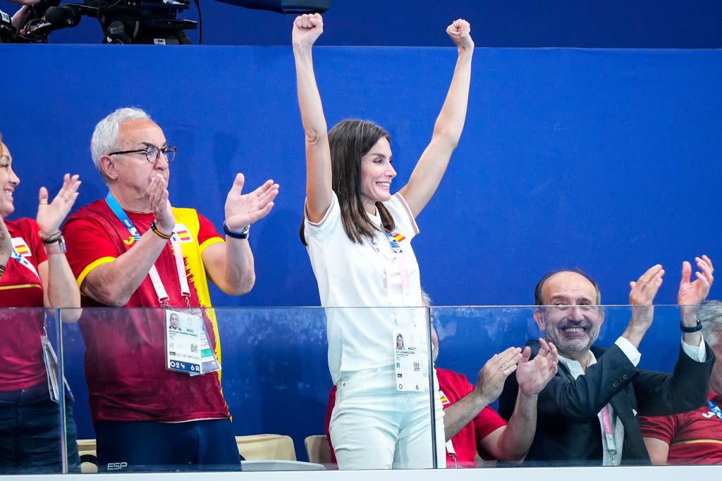 paris, france july 31 queen letizia ortiz of spain, gestures during womens preliminary round of the water polo match between spain and greece at the aquatics centre during the paris 2024 olympics games on july 31, 2024 in paris, france photo by oscar j barrosoeuropa press via getty images