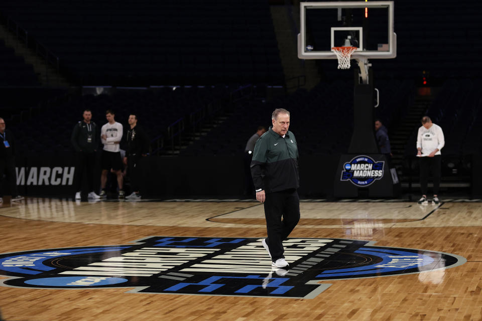 Michigan State head coach Tom Izzo looks on during practice before a Sweet 16 college basketball game at the NCAA East Regional of the NCAA Tournament, Wednesday, March 22, 2023, in New York. (AP Photo/Adam Hunger)