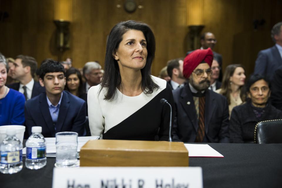 Nikki Haley testifies before the Senate Foreign Relations Committee during her confirmation hearing for ambassador to the United Nations on Jan. 18, 2017. (Samuel Corum/Anadolu Agency/Getty Images)