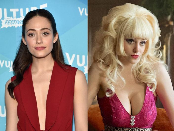 A woman (35-year-old Emmy Rossum) poses on a red carpet with long brown hair and a red jumpsuit, and then is shown in a blonde wig with huge fake breasts for her TV show &quot;Angelyne.&quot;