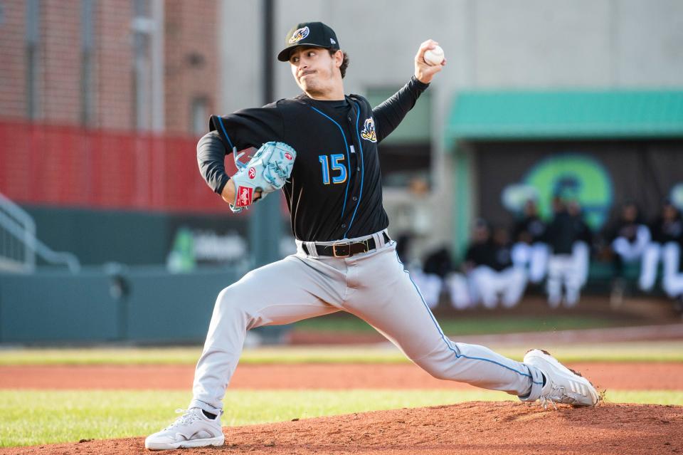 Akron RubberDucks pitcher Logan Allen (15) throws a pitch against the Erie SeaWolves, on April 8, 2022, during the opening game at UPMC Park in Erie. The Seawolves won the game (2-0).