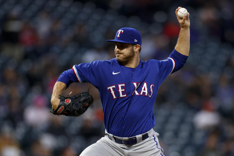 DENVER, CO - JUNE 1:  Relief pitcher John King #60 of the Texas Rangers delivers a pitch during the sixth inning against the Colorado Rockies at Coors Field on June 1, 2021 in Denver, Colorado. (Photo by Justin Edmonds/Getty Images)