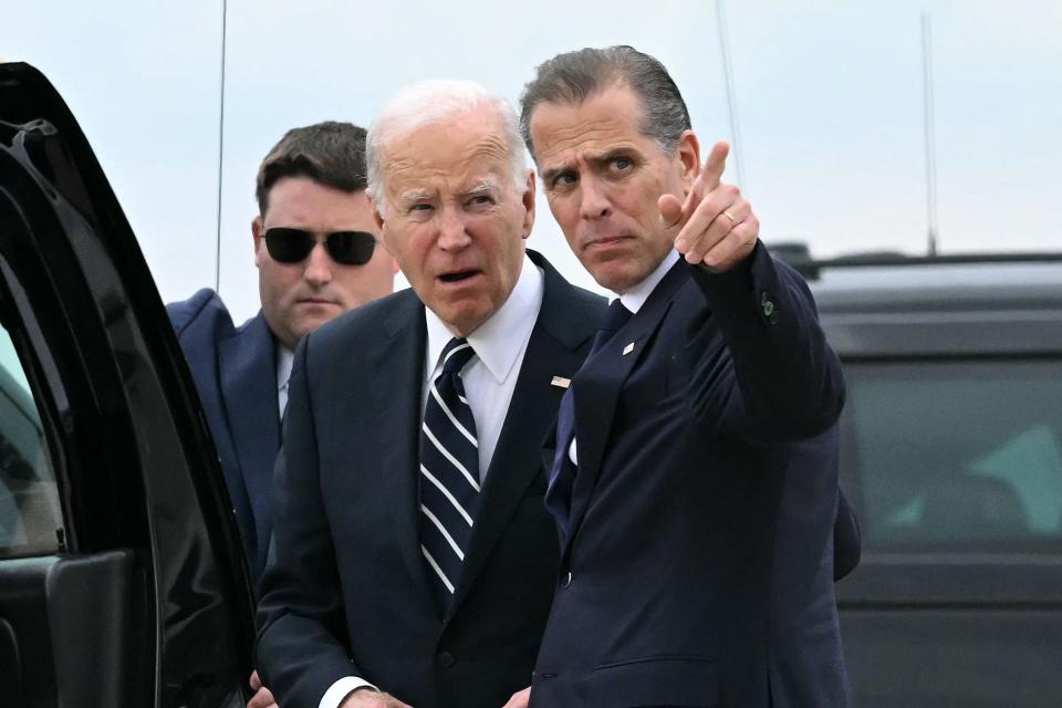 President Joe Biden talks with his son Hunter Biden upon arriving in New Castle, Del., on June 11, 2024. Earlier that Tuesday, a jury convicted the younger Biden of federal gun charges, a historic first for the offspring of a sitting president.