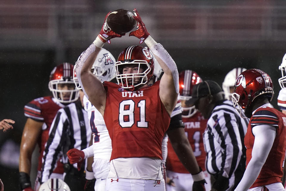 Utah defensive end Connor O'Toole (81) celebrates after recovering an Arizona fumble during the second half of an NCAA college football game Saturday, Nov. 5, 2022, in Salt Lake City. (AP Photo/Rick Bowmer)