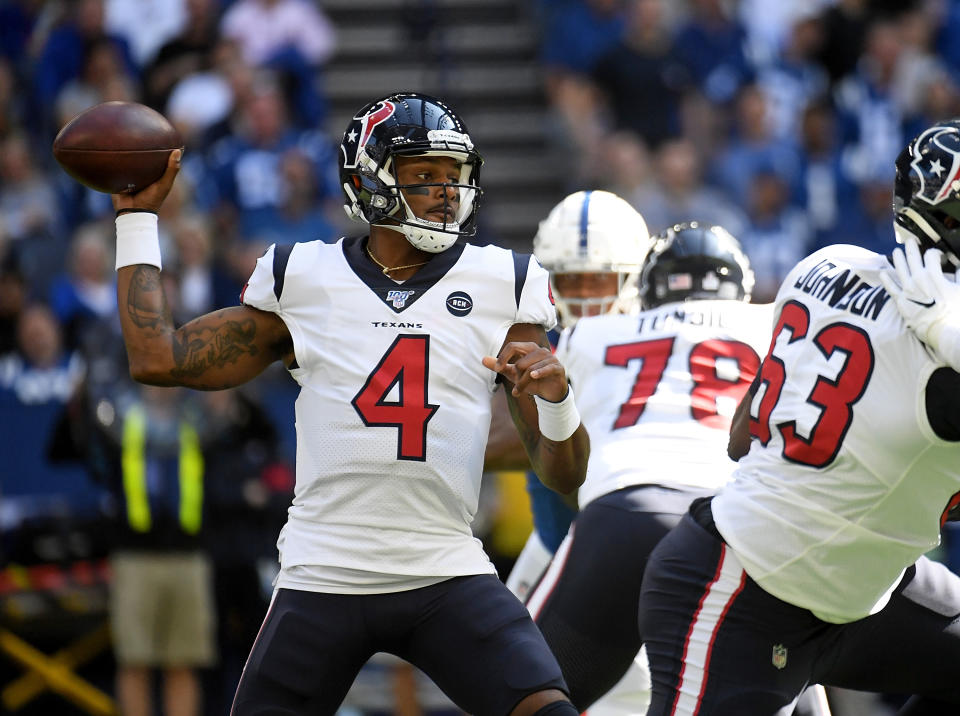 Deshaun Watson of the Houston Texans had an amazing touchdown taken off the board due to an in-the-grasp call. (Getty Images)