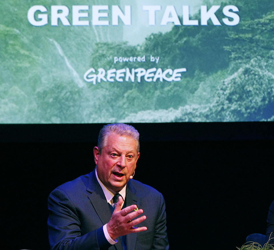 Former U.S vice president and climate activist Al Gore makes a speaking during a side event outside of the COP24 UN Climate Change Conference 2018 in Katowice, Poland, Wednesday, Dec. 12, 2018.(AP Photo/Czarek Sokolowski)