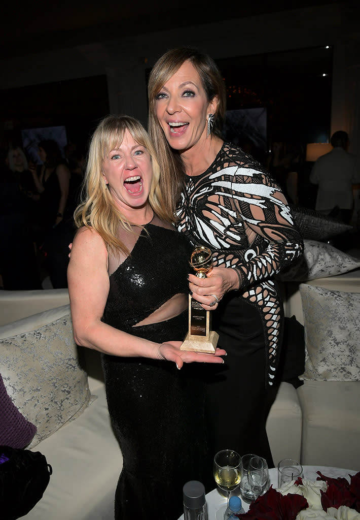 <p>Allison Janney, who won for her performance in <em>I, Tonya</em> celebrates with figure skater Tonya Harding at the 2018 InStyle and Warner Bros. 75th Annual Golden Globe Awards Post-Party at the Beverly Hilton Hotel. (Photo: Charley Gallay/Getty Images for InStyle) </p>