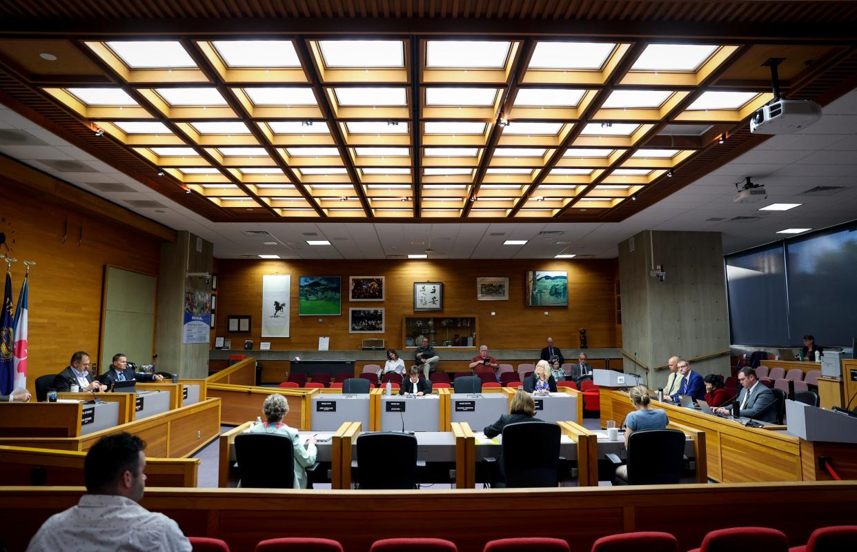 The Salem City Council meets in 2023 at City Hall. The council is set to vote Monday on whether to authorize a $325,000 settlement to a former Willamette Valley Communications Center employee.
