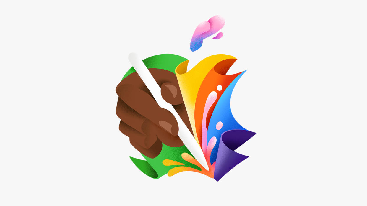  A custom Apple logo with colourful paint splashes and a hand gripping an Apple pencil in the centre. 