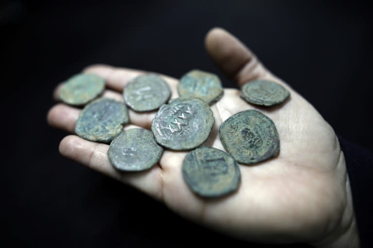 Ancient coins from the Byzantine Empire era (Seventh century) displayed during a press tour of the authority's storerooms on March 19, 2017