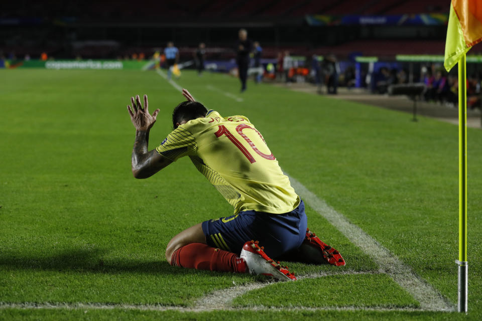 Colombia's James Rodriguez reacts during a Copa America Group B soccer match at the Morumbi stadium against Qatar in Sao Paulo, Brazil, Wednesday, June 19, 2019. (AP Photo/Victor R. Caivano)