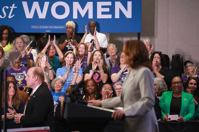 <p>Joe Raedle/Getty</p> Vice President Kamala Harris speaks to voters in Jacksonville, Florida, on May 1, 2024, as the state's six-week abortion ban took effect
