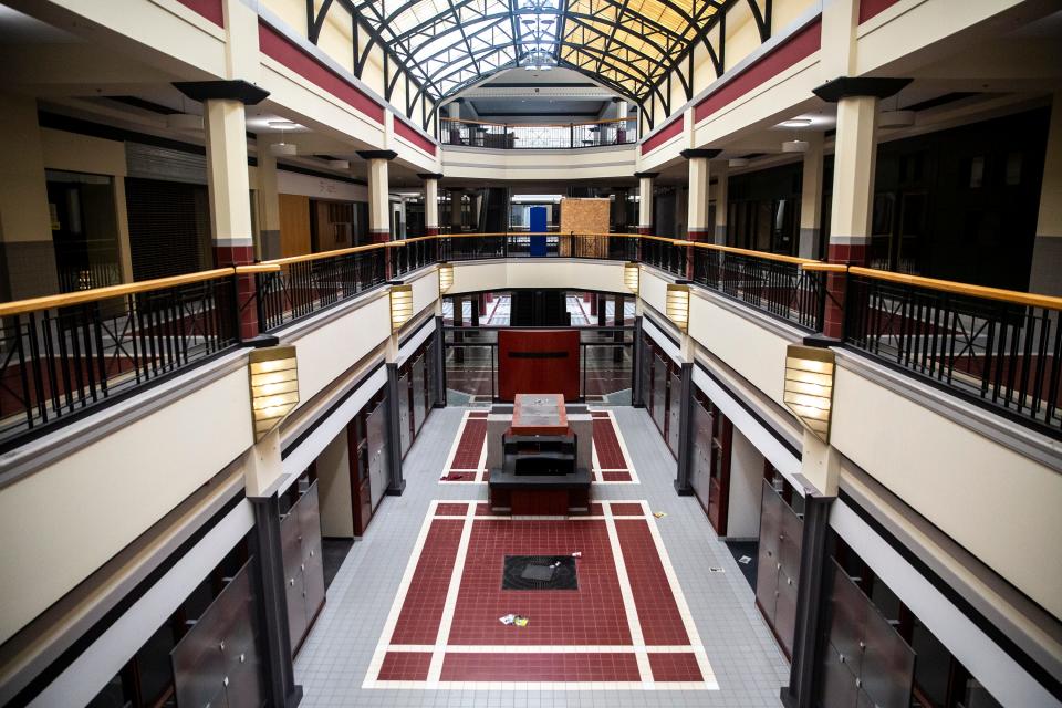 The Kaleidoscope at the Hub sits empty on the skywalk level, on Monday, June 7, 2021, in downtown Des Moines. 