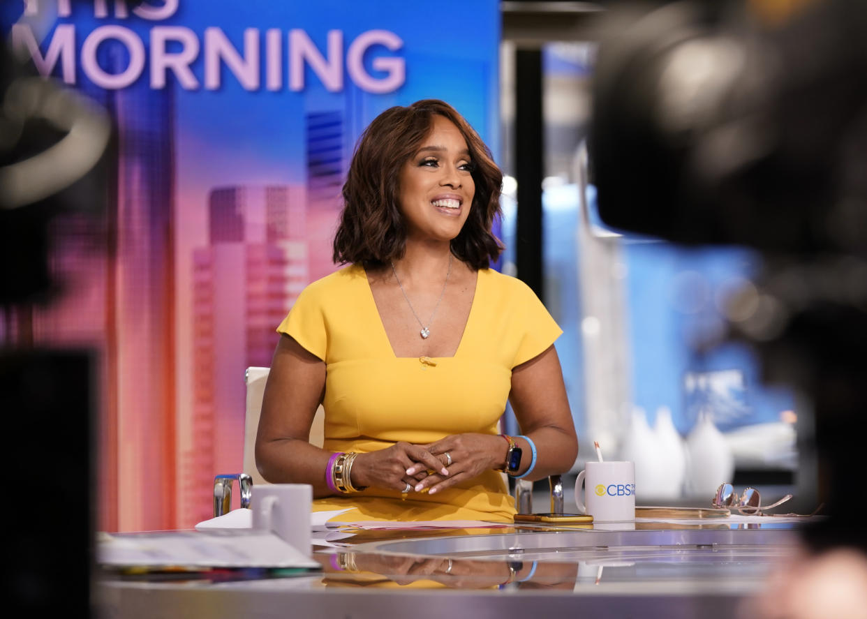 Gayle King celebrates 10 years at CBS in her anniversary dress. (Photo: Getty Images)
