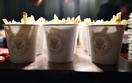 Jan 14, 2019; Washington, DC, USA; French fries are shown in White House cups in the State Dinning Room prior to the ceremony honoring the college football playoff champion Clemson Tigers in the East Room of the White House. Mandatory Credit: Brad Mills-USA TODAY Sports