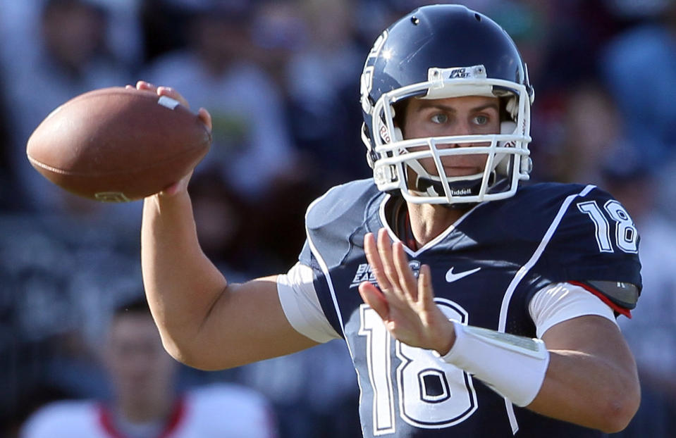 EAST HARTFORD, CT – NOVEMBER 26: Johnny McEntee #18 of the Connecticut Huskies passes the ball in the first half against the Rutgers Scarlet Knights on November 26, 2011 at Rentschler Field in East Hartford, Connecticut. (Photo by Elsa/Getty Images)