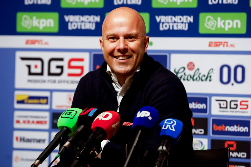 DEVENTER, NETHERLANDS - APRIL 25: head coach Arne Slot of Feyenoord looks on after the Dutch Eredivisie match between Go Ahead Eagles and Feyenoord at De Adelaarshorst on April 25, 2024 in Deventer, Netherlands. (Photo by Marcel ter Bals/DeFodi Images via Getty Images)