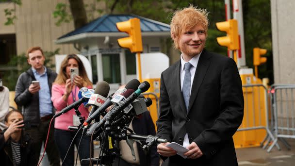 PHOTO: Singer Ed Sheeran speaks to the media, after after his copyright trial at Manhattan federal court, in New York City, May 4, 2023. (Shannon Stapleton/Reuters)