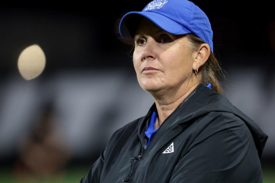 BYU’s head coach Jennifer Rockwood watches the game against Utah at Ute Field in Salt Lake City on Saturday, Sept. 9, 2023. | Spenser Heaps, Deseret News