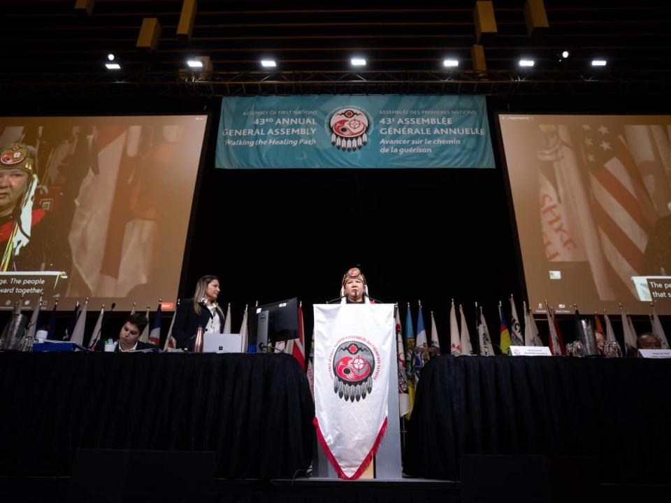 Assembly of First Nations National Chief RoseAnne Archibald speaks during the AFN's last annual general meeting in Vancouver on July 5, 2022. (Darryl Dyck/Canadian Press - image credit)