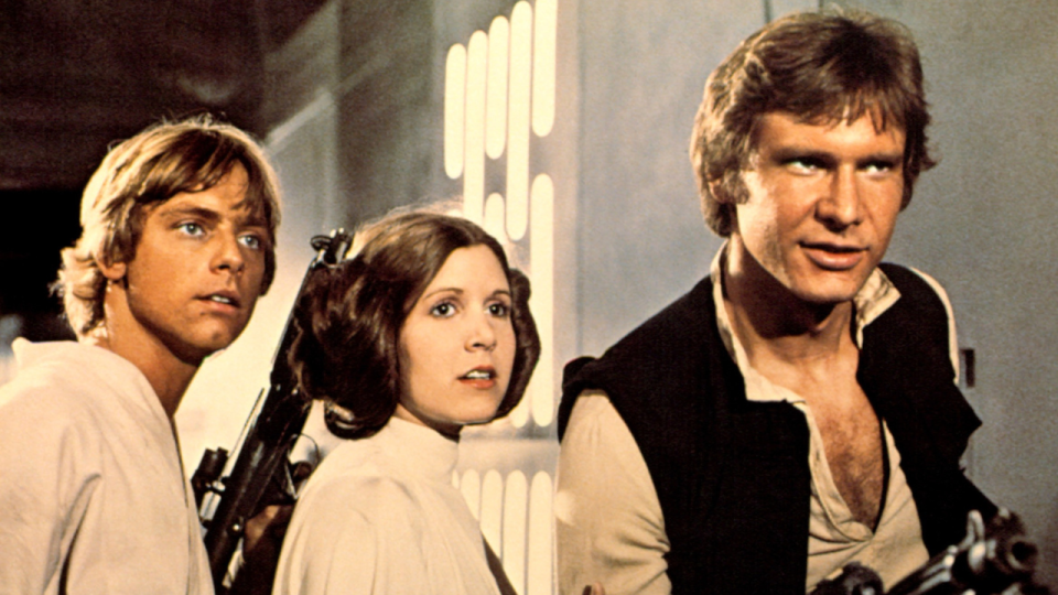 Mark Hamill, Carrie Fisher and Harrison Ford in Star Wars: A New Hope 1977