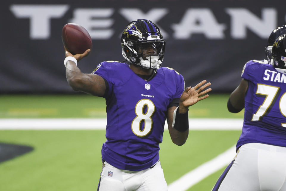 Baltimore Ravens quarterback Lamar Jackson (8) throws against the Houston Texans during the first half of an NFL football game Sunday, Sept. 20, 2020, in Houston. (AP Photo/Eric Christian Smith)