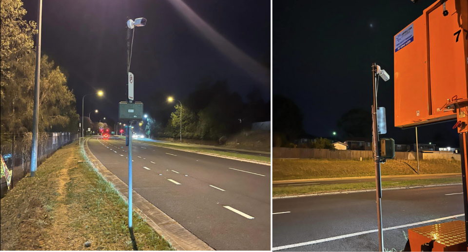 Black box attached to a pole with a camera on top on the side of Campbelltown Road
