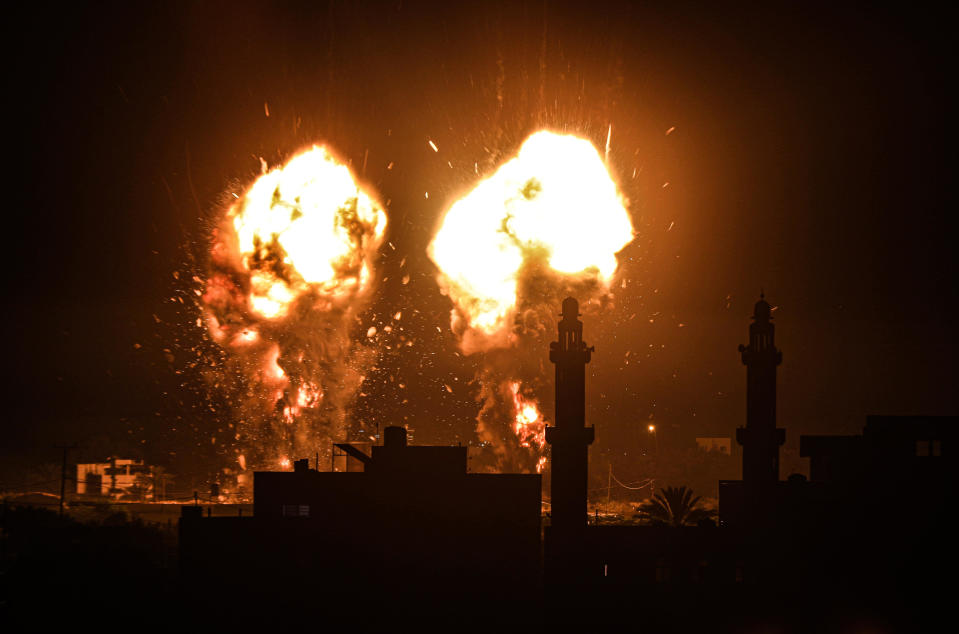 Flames are seen after an Israeli airstrike hit a purported Hamas target in Gaza City, Gaza, June 15, 2021. / Credit: Ali Jadallah/Anadolu Agency/Getty