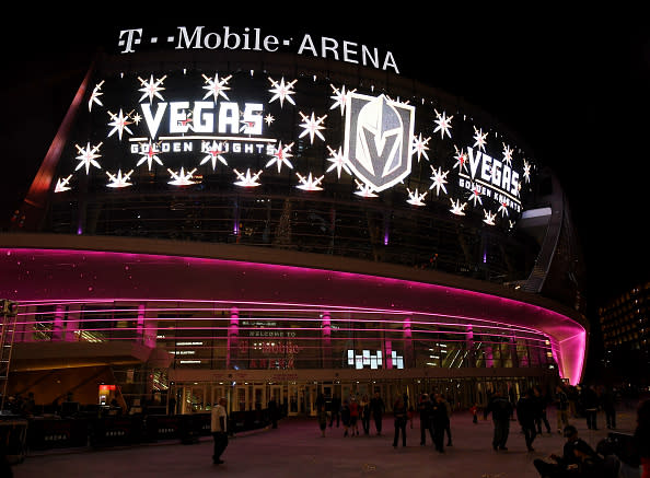 LAS VEGAS, NV - NOVEMBER 22: The team name and logo for the Vegas Golden Knights are displayed on T-Mobile Arena&#39;s video mesh wall after being announced as the name for the Las Vegas NHL franchise at T-Mobile Arena on November 22, 2016 in Las Vegas, Nevada. The team will begin play in the 2017-18 season. (Photo by Ethan Miller/Getty Images)
