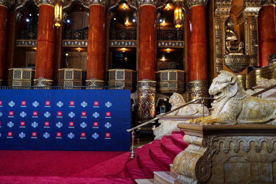 The scene for the 2024 NFL Draft Red Carpet presented by Toyota at the Fox Theatre in downtown Detroit is shown to media on Tuesday, April 23, 2024, ahead of the event.