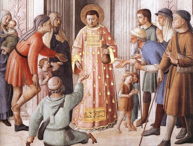 St. Lawrence distributing alms<br> Painted by Fra Angelico inside the Niccoline Chapel<br><br> (Photo courtesy <a href="https://sites.google.com/site/aguidetorome/" rel="nofollow noopener" target="_blank" data-ylk="slk:David Lown;elm:context_link;itc:0;sec:content-canvas" class="link ">David Lown</a>)