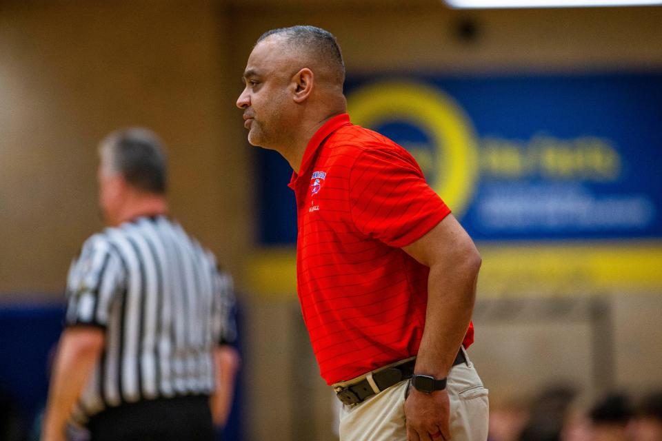 Adams head coach Chad Johnston during the Adams vs. New Prairie boys basketball game Friday, Feb. 25, 2022 at Adams High School. 