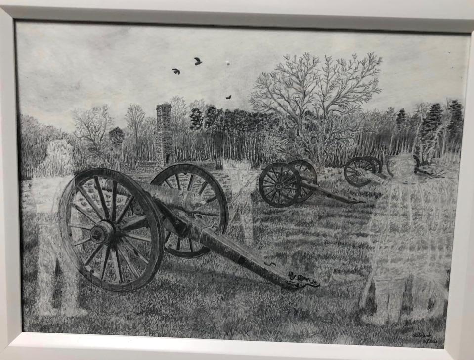 Graphite pencil artwork titled "Cannons Petersburg Battlefield" by the late Joseph "Scott" DiPardo on display at Side Street Gallery in Colonial Heights.