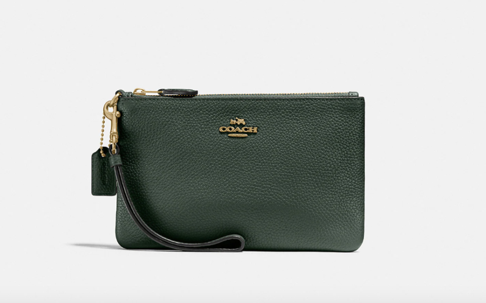 Small Wristlet in Brass/Amazon Green (Photo via Coach)