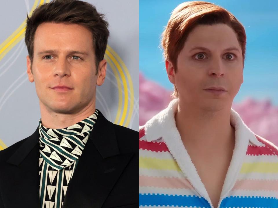jonathan groff posing on a red carpet and Michael cera playing alan in the barbie movie