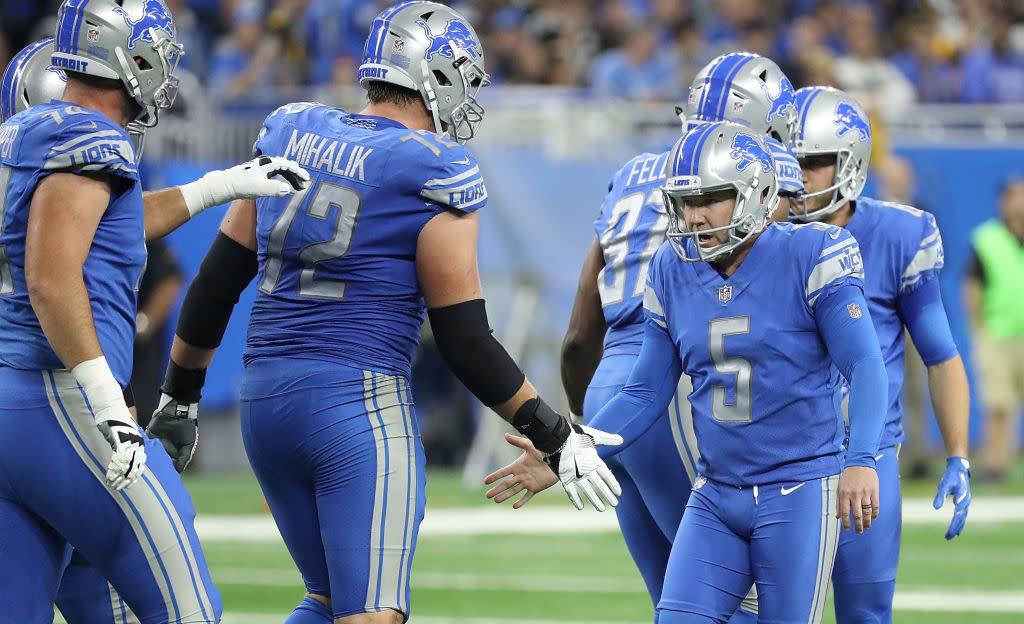 Matt Prater, seen here earlier in the season, threw a touchdown against Green Bay. (Getty)