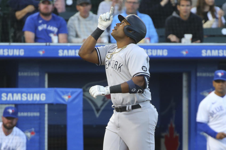 New York Yankees Chris Gittens celebrates his home run during the third inning of a baseball game against the Toronto Blue Jays, Tuesday, June 15, 2021, in Buffalo, N.Y. (AP Photo/Jeffrey T. Barnes)