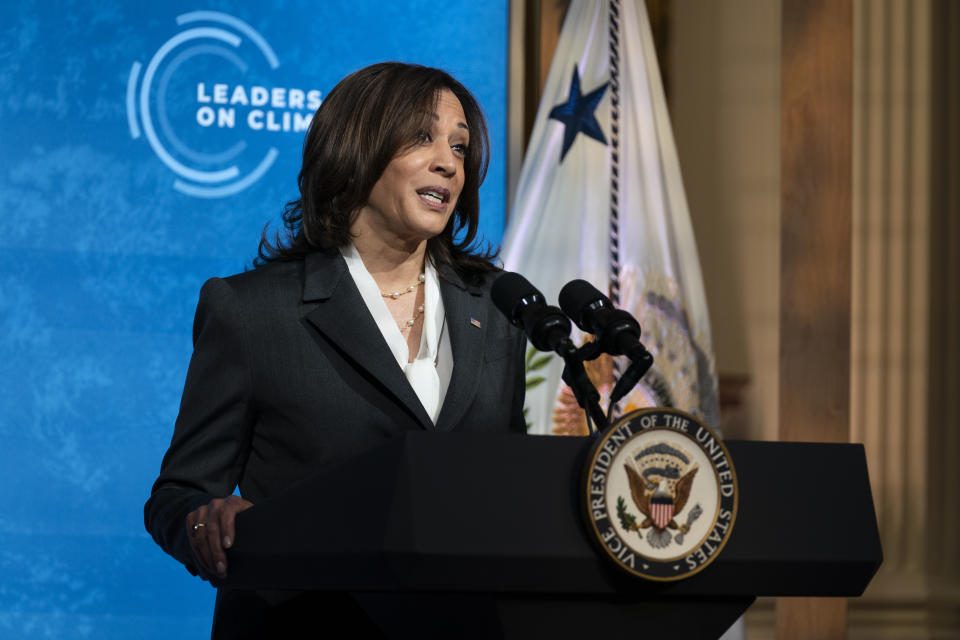 Vice President Kamala Harris speaks to the virtual Leaders Summit on Climate, from the East Room of the White House, Thursday, April 22, 2021, in Washington. (AP Photo/Evan Vucci)