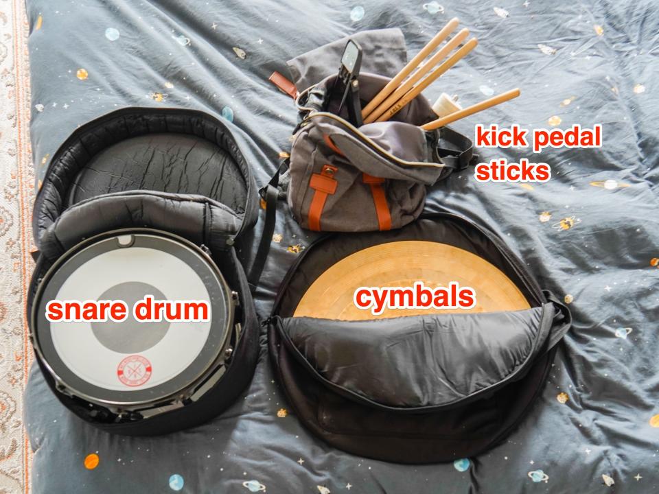 labeled drum parts on a bed