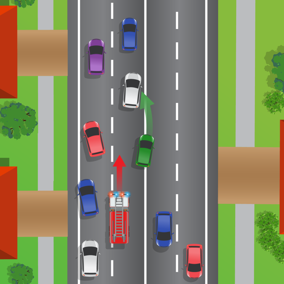 Picture demonstrates a scenario where a car is moving into the wrong lane to allow for a fire truck to overtake.