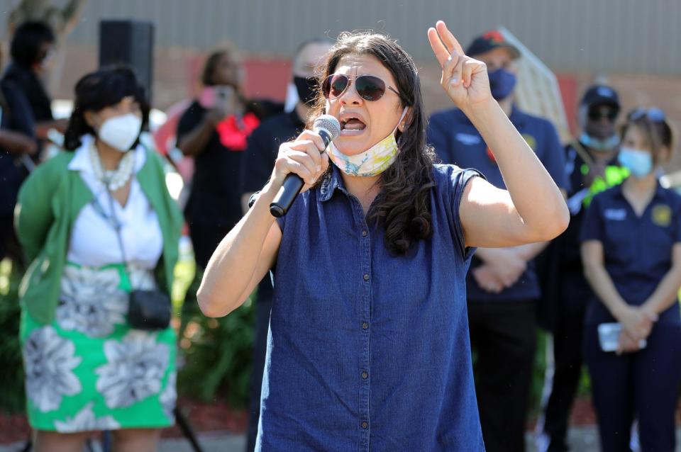 Congresswoman Rashida Tlaib spoke to a group gathered at Burning Bush International Ministries before leading a march against police brutality on Sunday, June 14, 2020 in Westland Michigan.