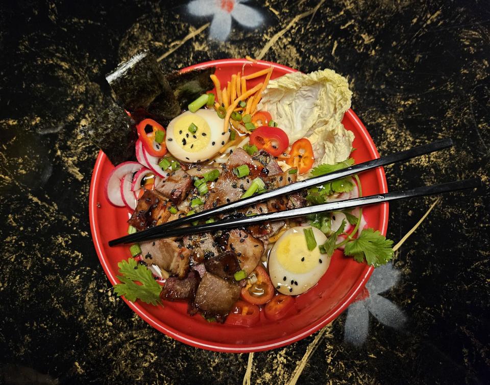 The Black Knight ramen bowl with barbecue brisket is on the menu at Cafe Rewind in Goodyear Heights.