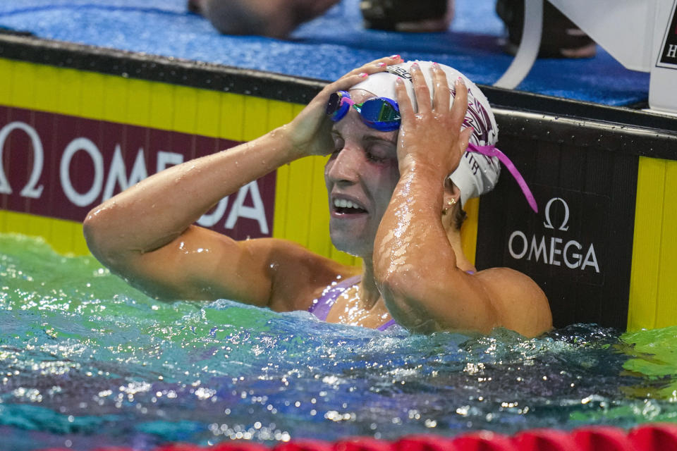 Regan Smith reacts after winning the women's 200-meter backstroke event at the U.S. national championships swimming meet in Indianapolis, Wednesday, June 28, 2023. (AP Photo/Michael Conroy)